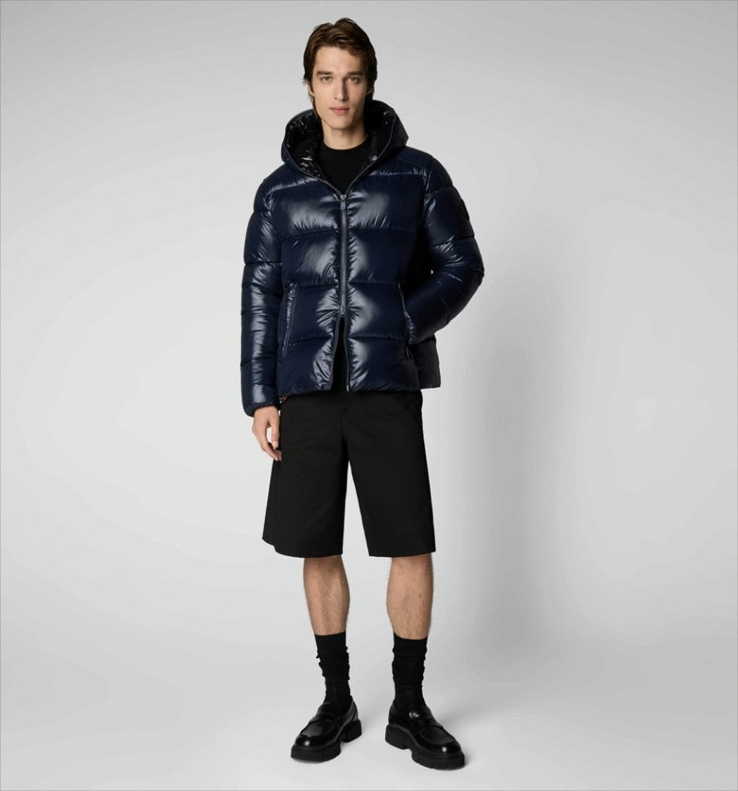 Save The Duck Lacquered Blue Down Jacket With Fixed Hood