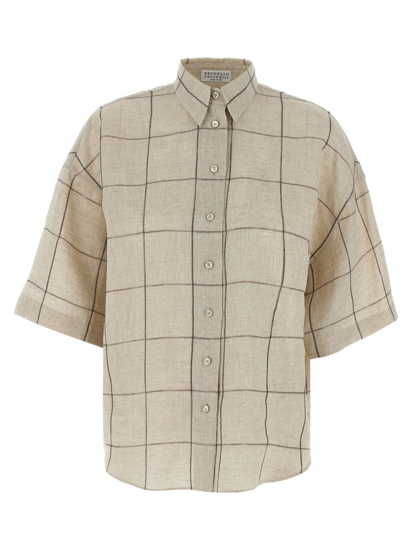 Brunello Cucinelli Linen Shirt With Micro-Sequin Check Embroidery