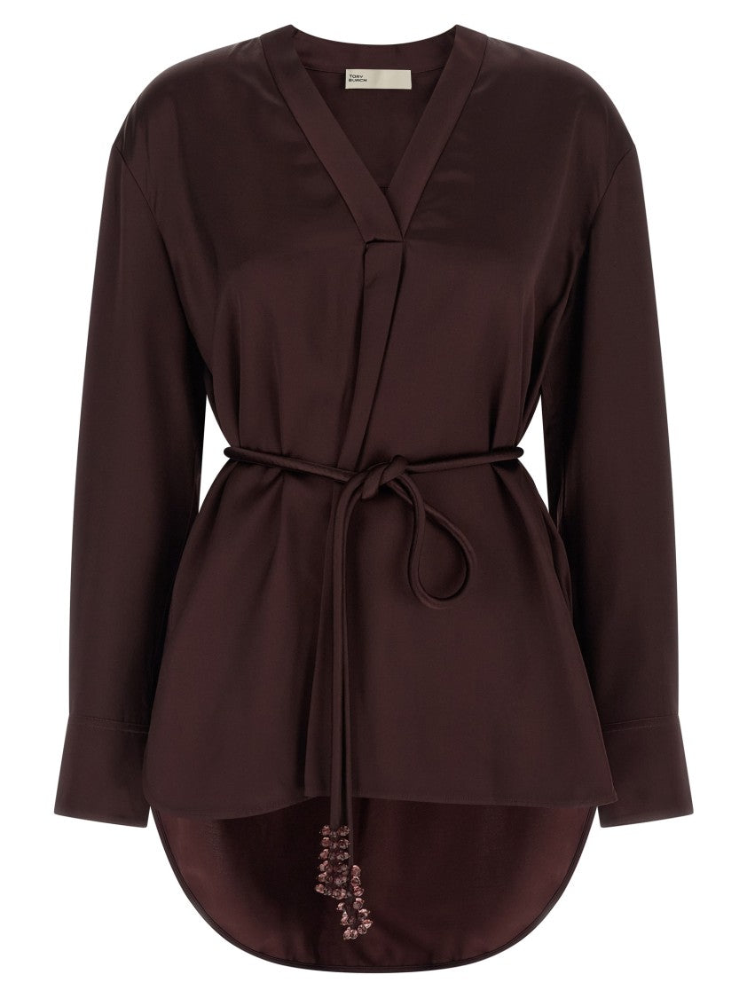 Tory Burch Glossy Viscose Satin Blouse With Adjustable Waist
