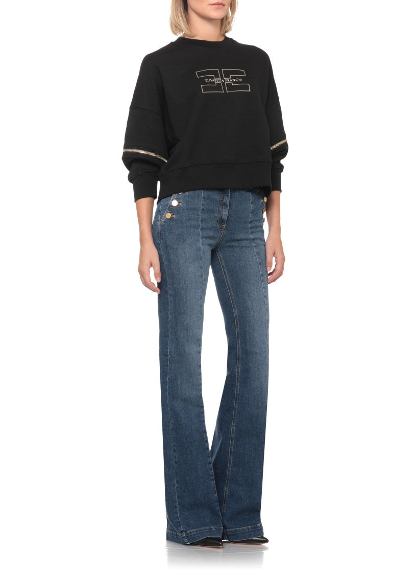 Elisabetta Franchi Black Cropped Embossed Gold Logo Cotton Sweatshirt