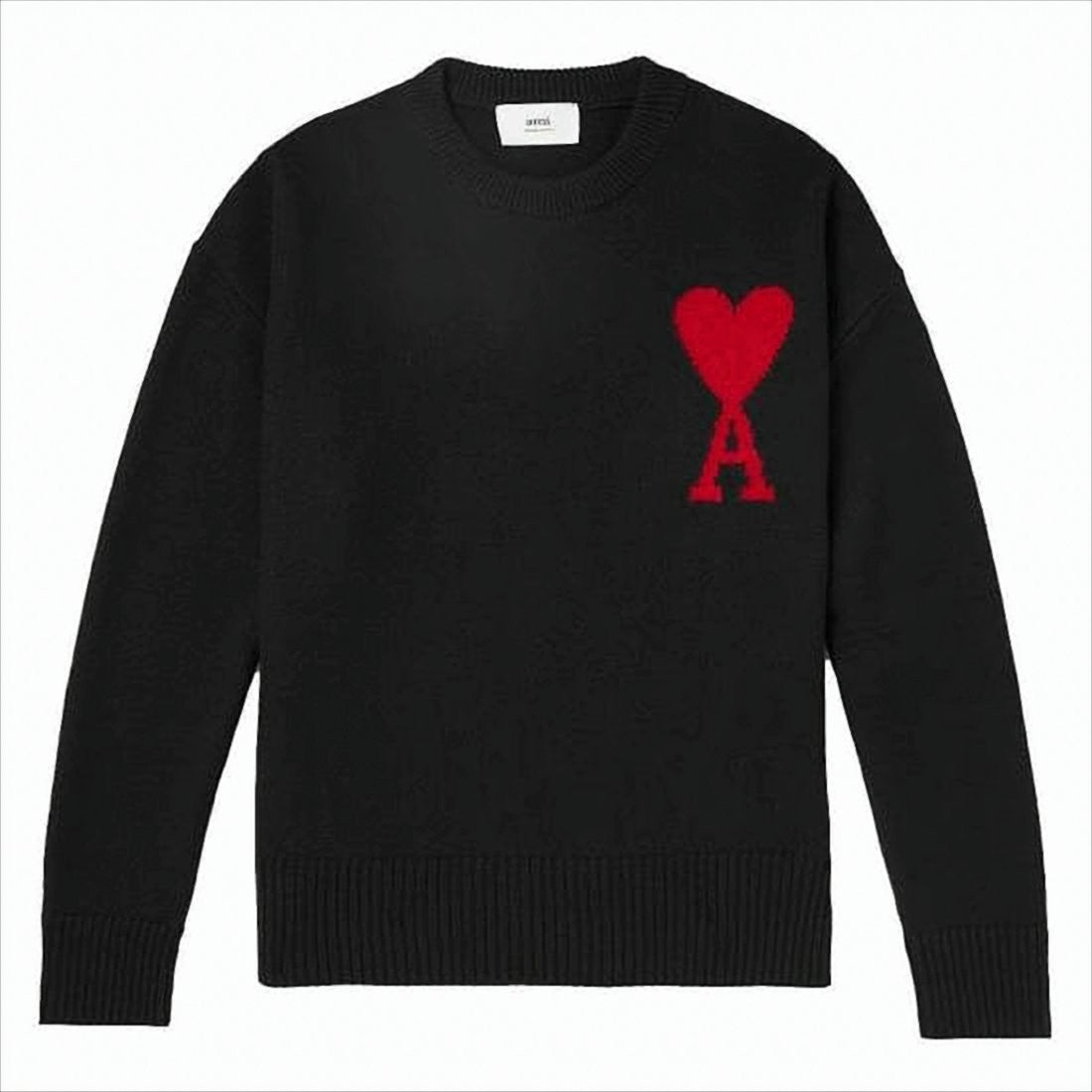 Ami Black Wool Sweater With Red Heart Design