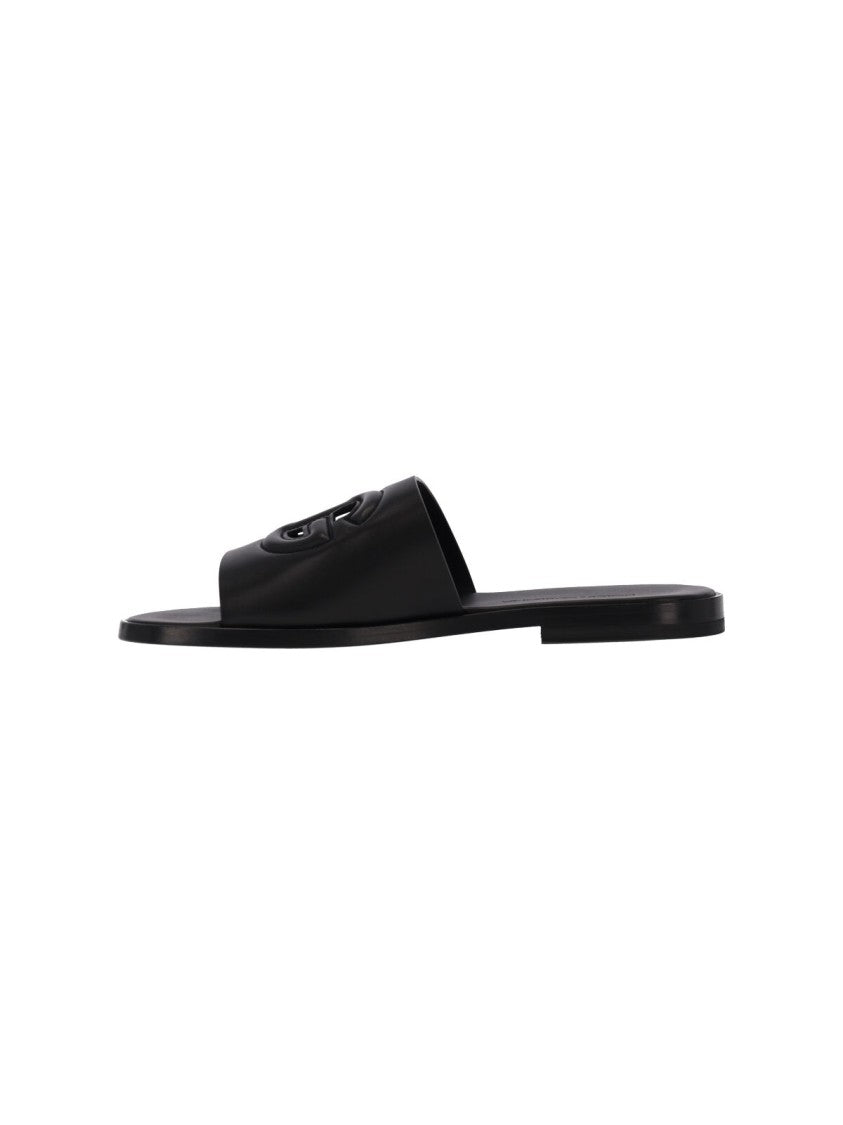 Dolce & Gabbana Black Leather Logo Slides Sandals