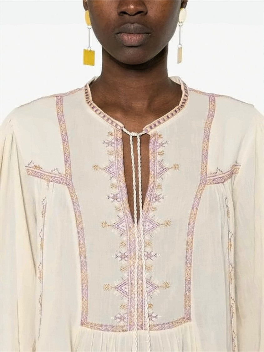 Isabel Marant Geometric Embroidered Cotton Blouse With Puffed Sleeves