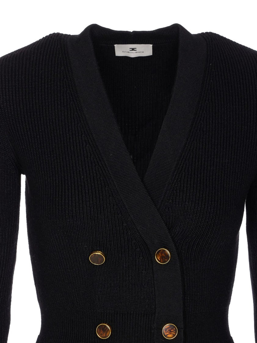 Elisabetta Franchi Textured Knit Black Midi Dress With Double-Breasted Design