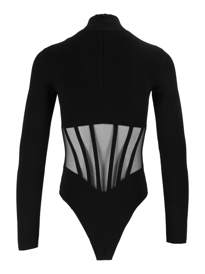 Elisabetta Franchi Black Long-Sleeve Mesh Panel Bodysuit