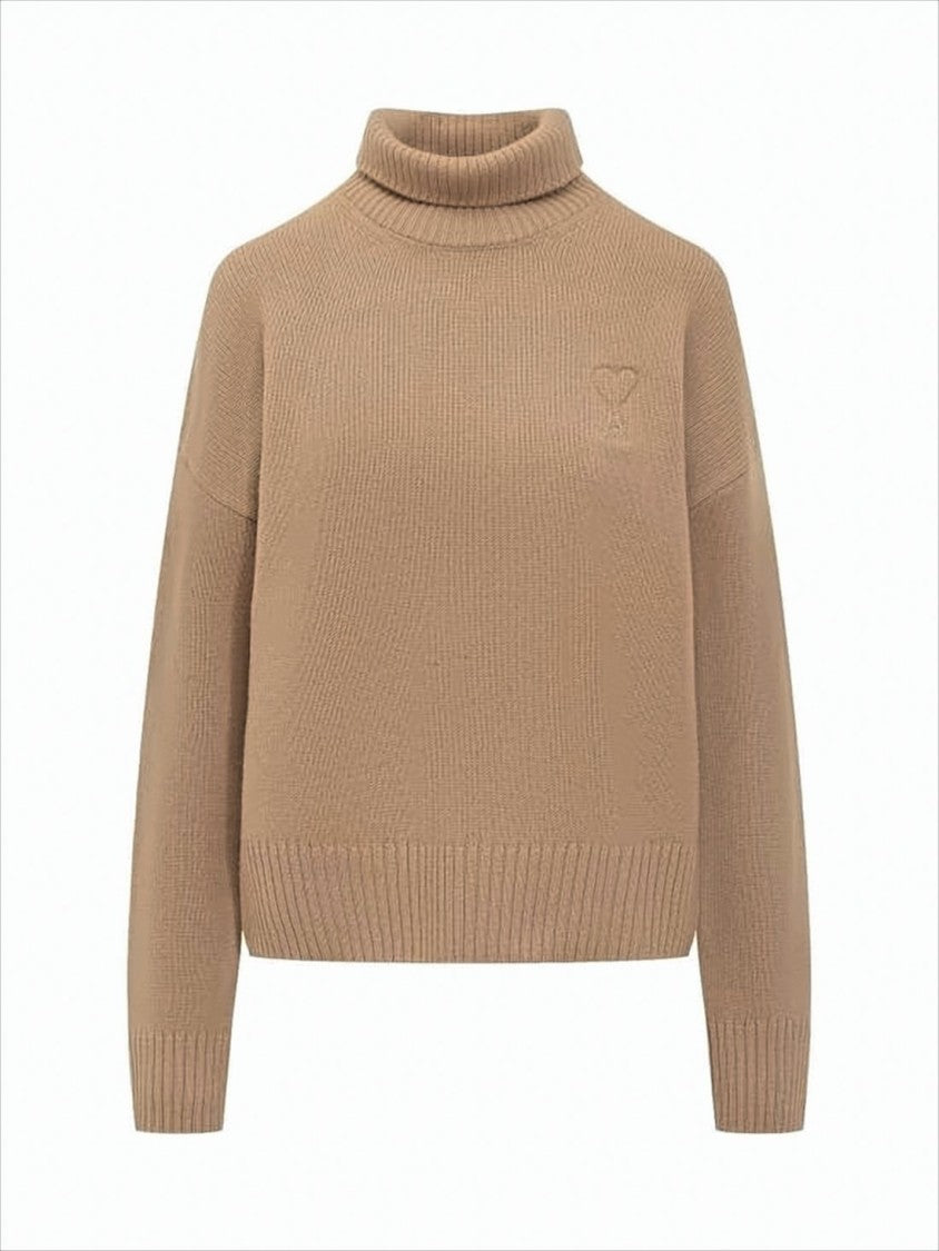 Ami Ribbed Knit Turtleneck Sweater With Embroidered Heart Logo