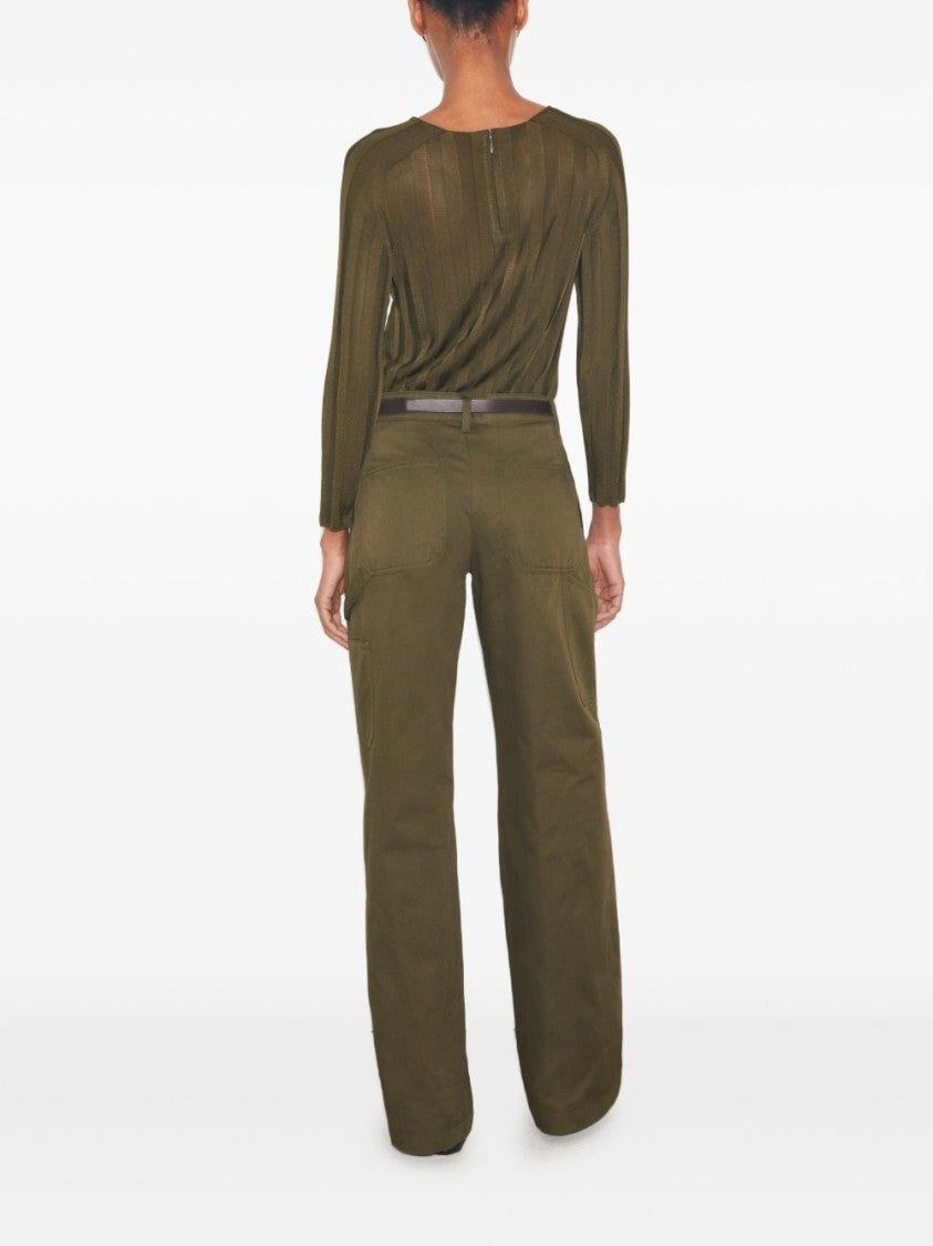 Tory Burch High-Waisted Green Cotton Pants With Structured Wide-Leg Silhouette