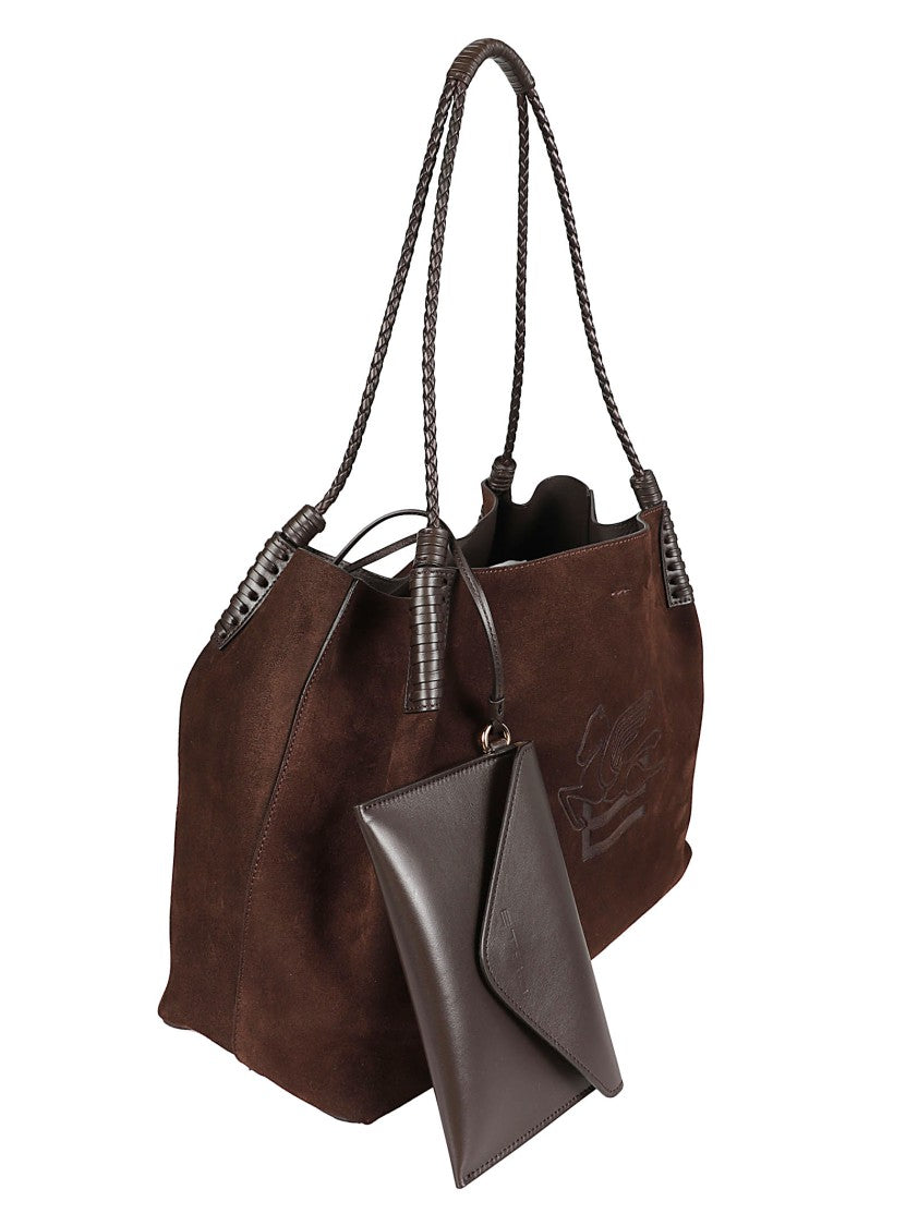 Etro Spacious Brown Suede Leather Shopping Bag With Braided Handles