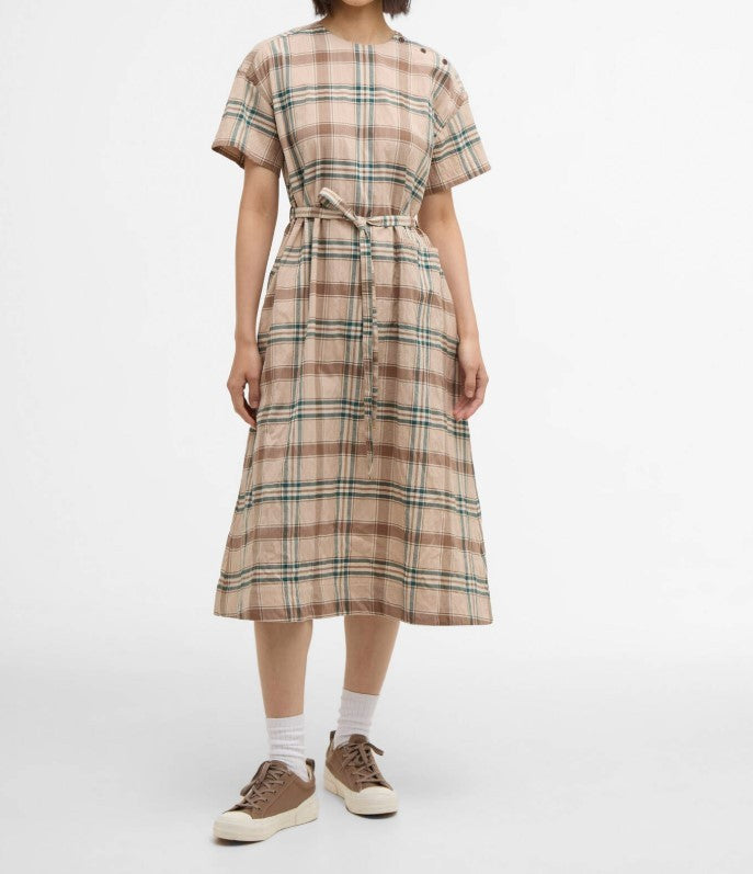 Barbour Vintage Tartan Midi Dress With Tie-Waist Belt