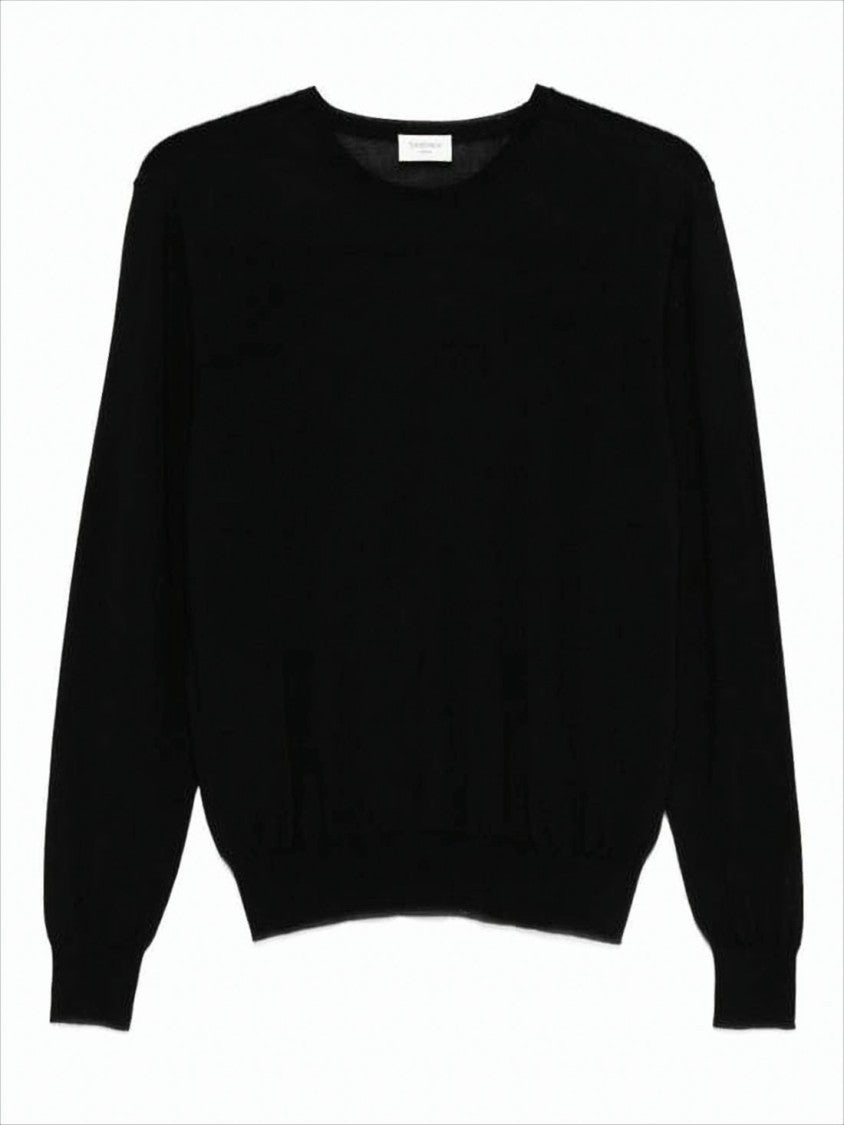 Saint Laurent Crew Neck Black Wool Sweater With Ribbed Detail