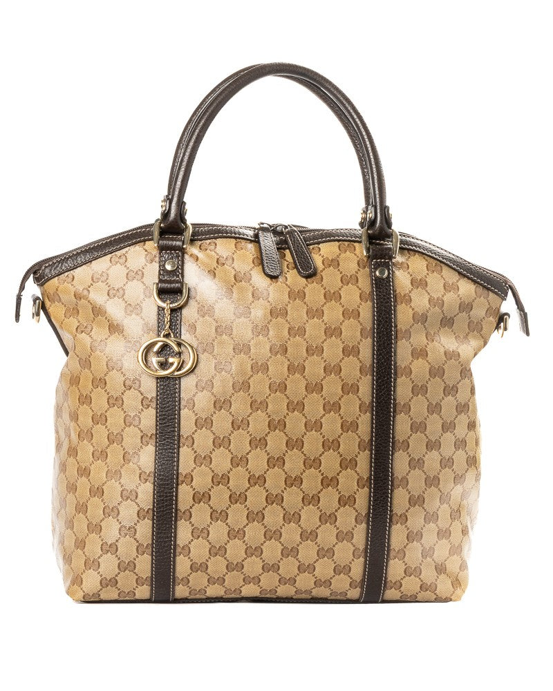Gucci Large Tote In Crystal Gg Supreme Canvas With Brown Leather Trimmings