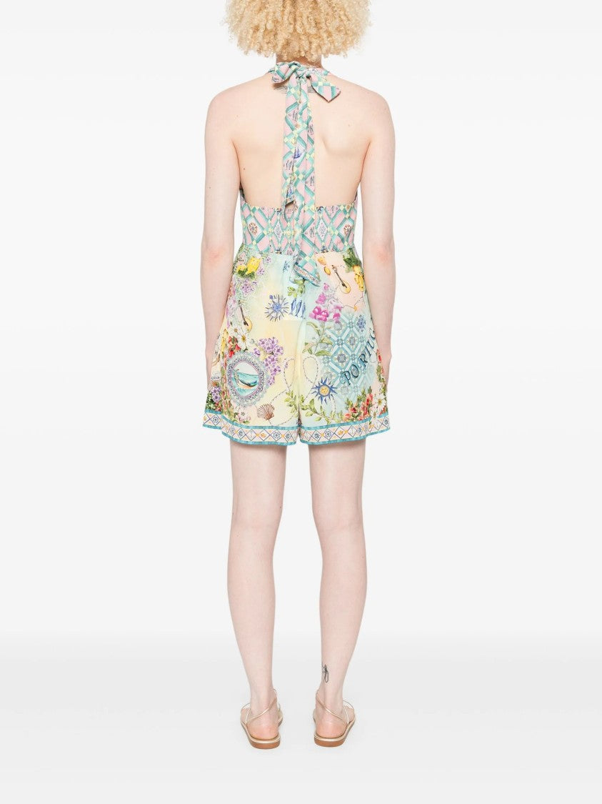 Camilla Graphic Print Silk Jumpsuit With Halterneck Tie And V-Neckline