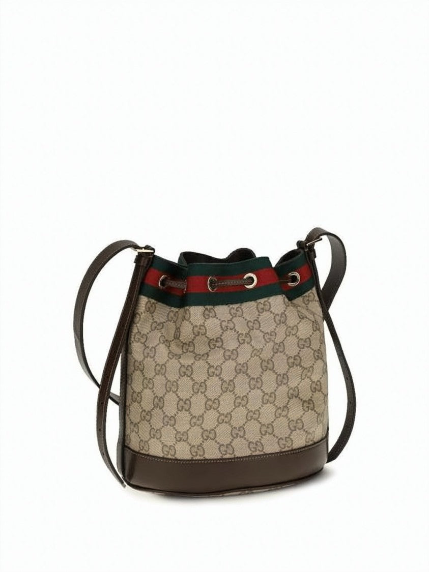 Gucci Canvas Bucket Shoulder Bag With Monogram Pattern And Leather Accents