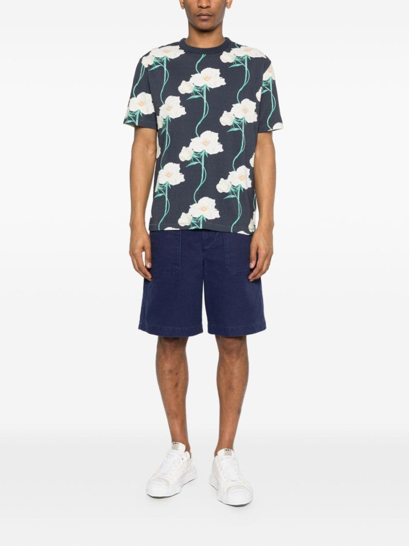 Kenzo Dark Blue Floral Pattern Silk T-Shirt