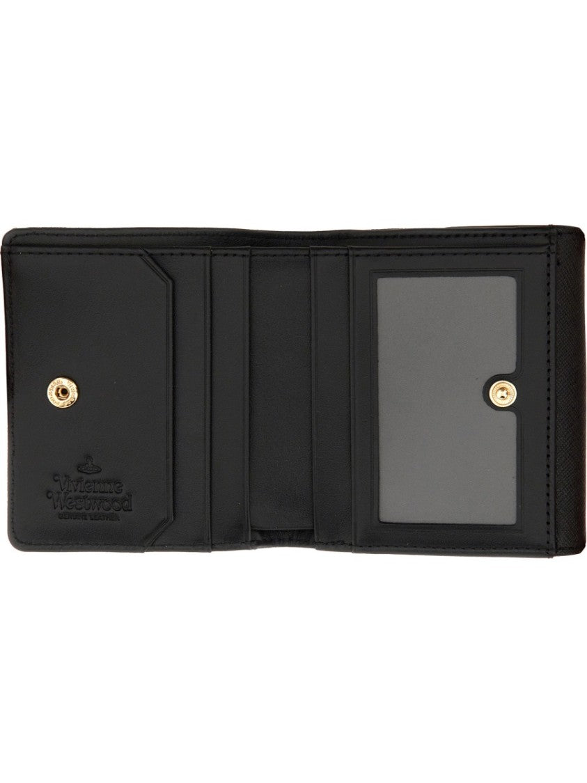 Vivienne Westwood Black Textured Leather Compact Wallet With Snap Closure