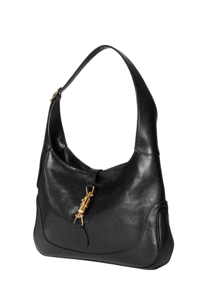 Gucci Curved Black Goat Leather Handbag With Gold-Tone Clasp