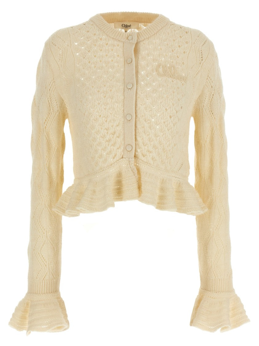 Chloé Pointelle Knit Cardigan With Ruffled Hem