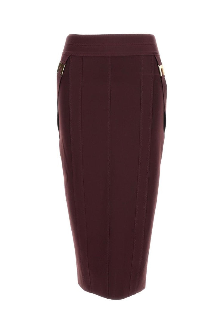 Elisabetta Franchi Gold-Colored Buckle Accents Burgundy Midi Skirt