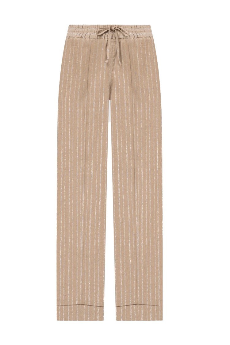 Twin-Set Beige Pinstripe Cotton-Linen Drawstring Pants