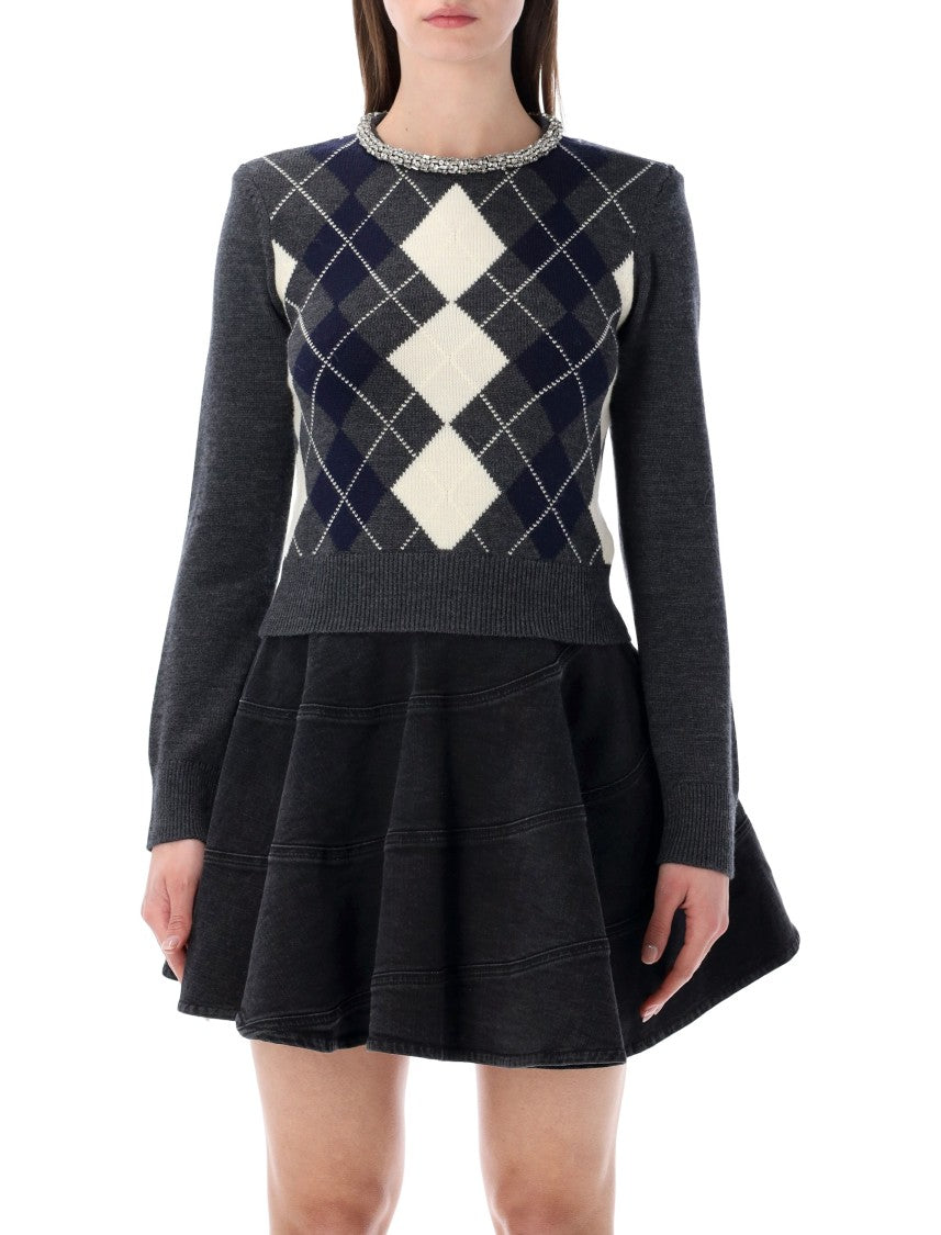 Self-Portrait Grey Argyle Crystal Jumper