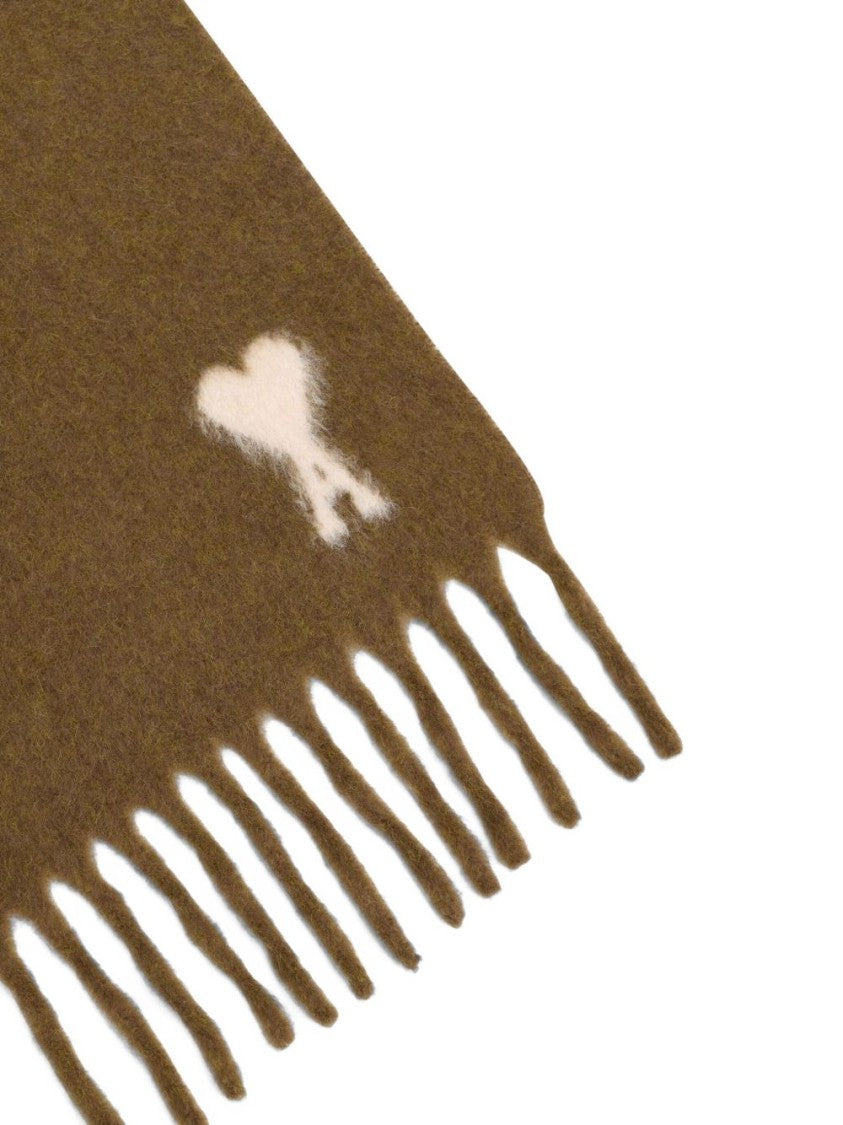 Ami Paris Brown Alpaca Blend Fringed Monogram Scarf
