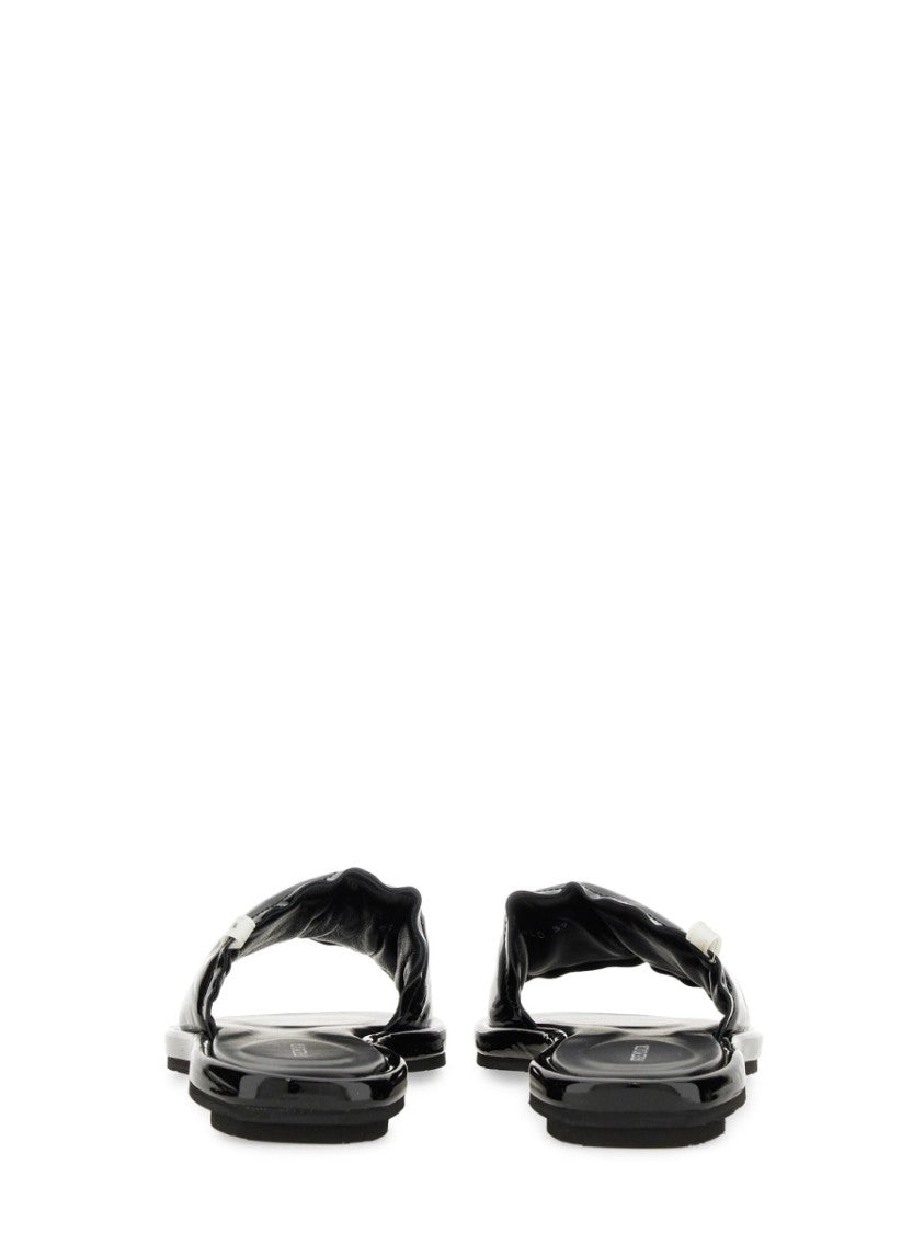 Premiata Black Lamb Leather Slide Sandal With Glossy Finish