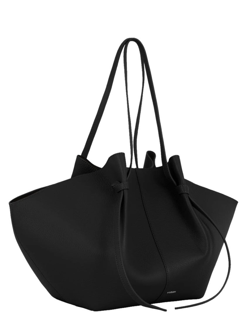 Yuzefi Sculptural Black Leather Tote Bag With Knotted Handle Details