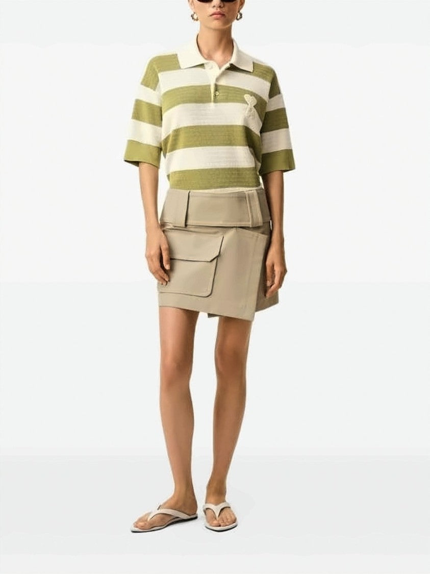 Ami Paris Olive Green Cream Horizontal Striped Polo