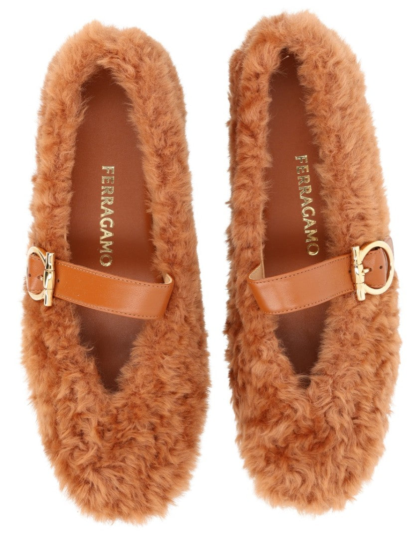 Ferragamo Brown Love Ornament Shearling Flats