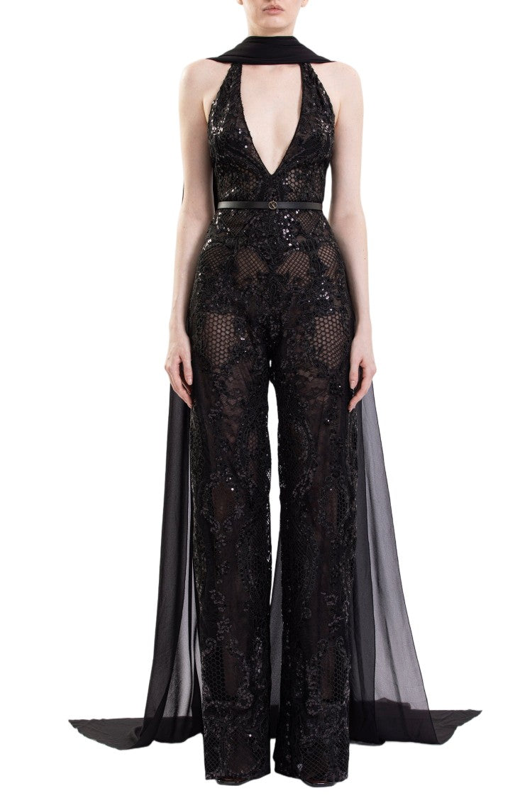Saiid Kobeisy Intricate Embroidered Lace Jumpsuit With Flowing Cape