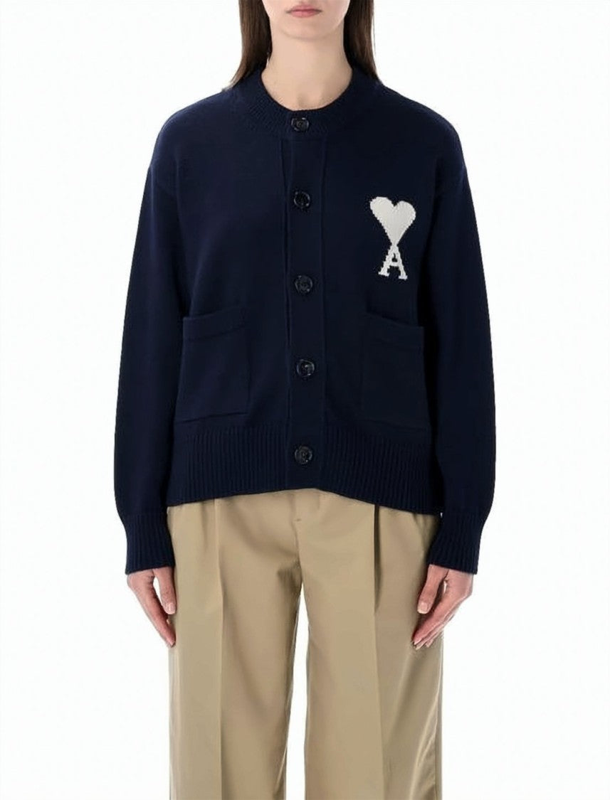 Ami Paris Crew Neck Blue Knit Cardigan