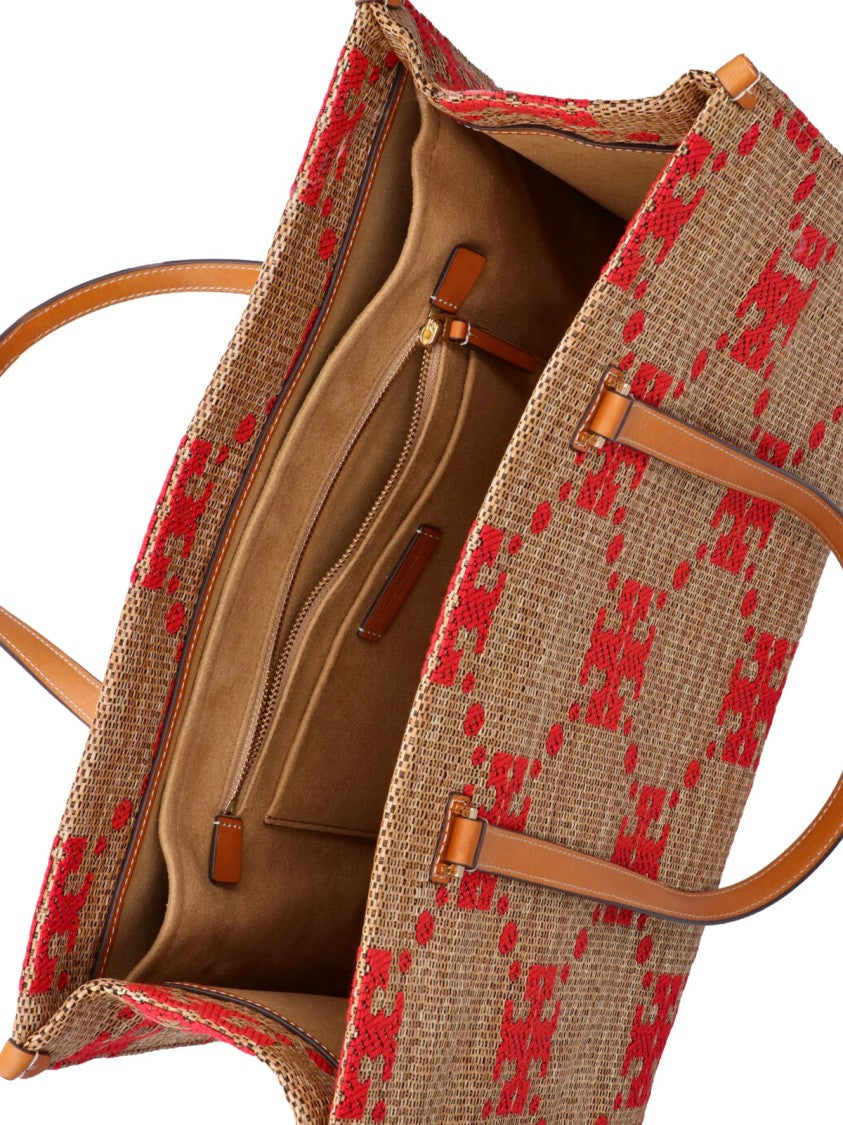 Tory Burch Brown T Monogram Pattern Fabric Tote