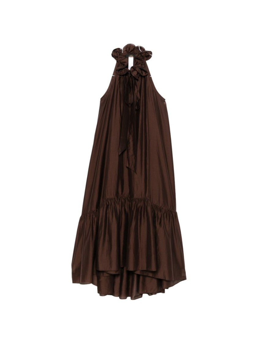 Twin-Set Chocolate Brown Ruffle Detail Midi Dress With Tiered Hem