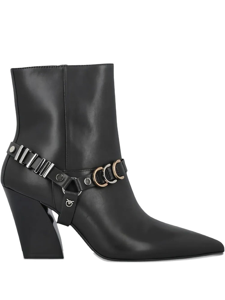 Pinko Black Viola 02 Pointed Toe Block Heel Leather Ankle Boots