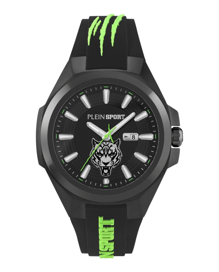 Plein Sport 47Mm Black Enamel Dial Silicone Watch With Date Function