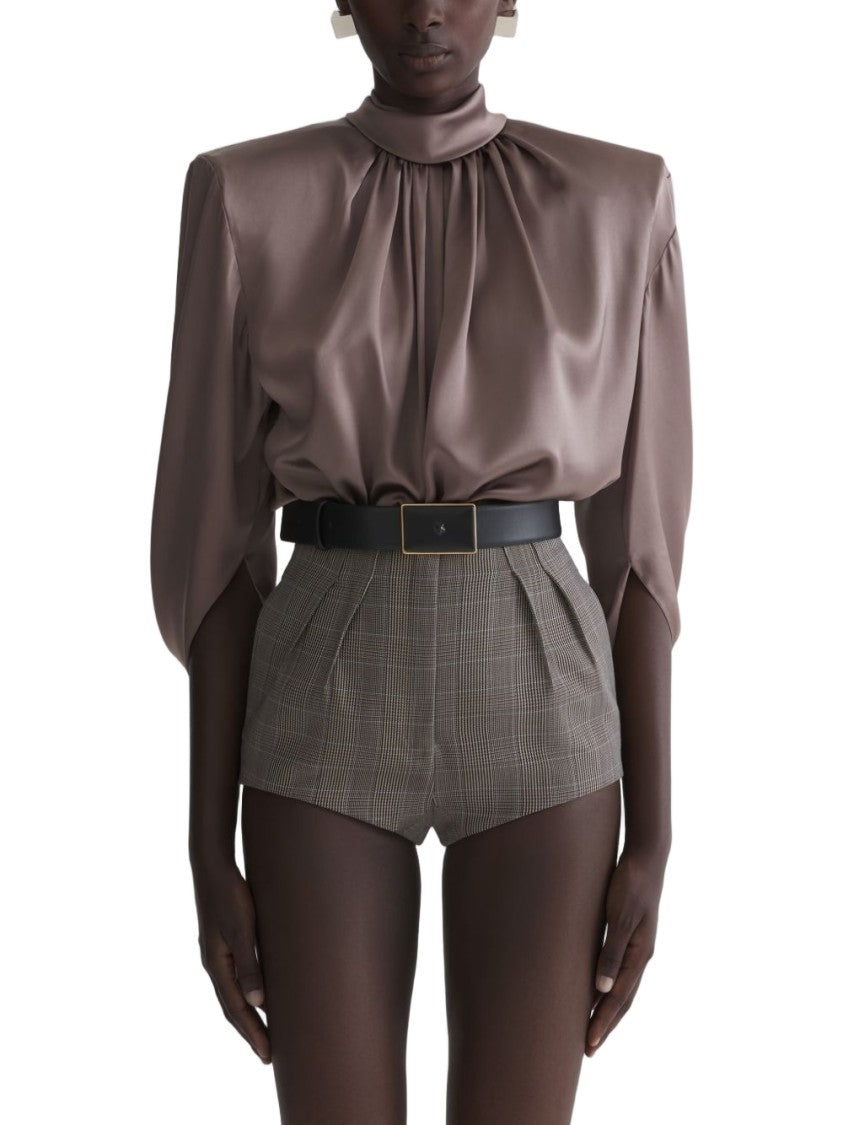 Mugler Draped Brown High Neck Top