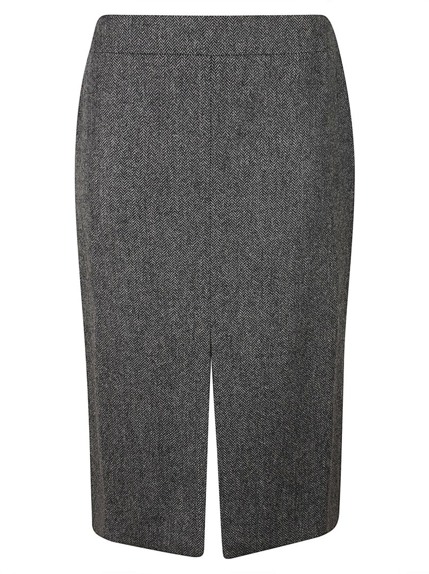 Sa Su Phi Grey Herringbone Midi Skirt With Front Slit