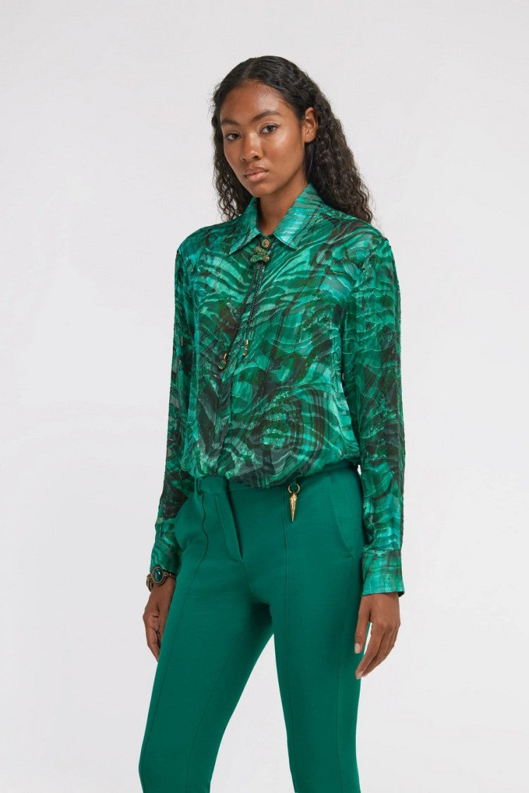 Roberto Cavalli Green Viscose-Silk Abstract-Print Shirt