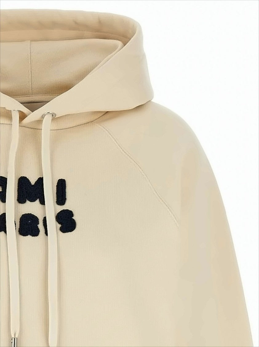 Ami Cropped Hoodie With Textured Lettering In Soft Beige