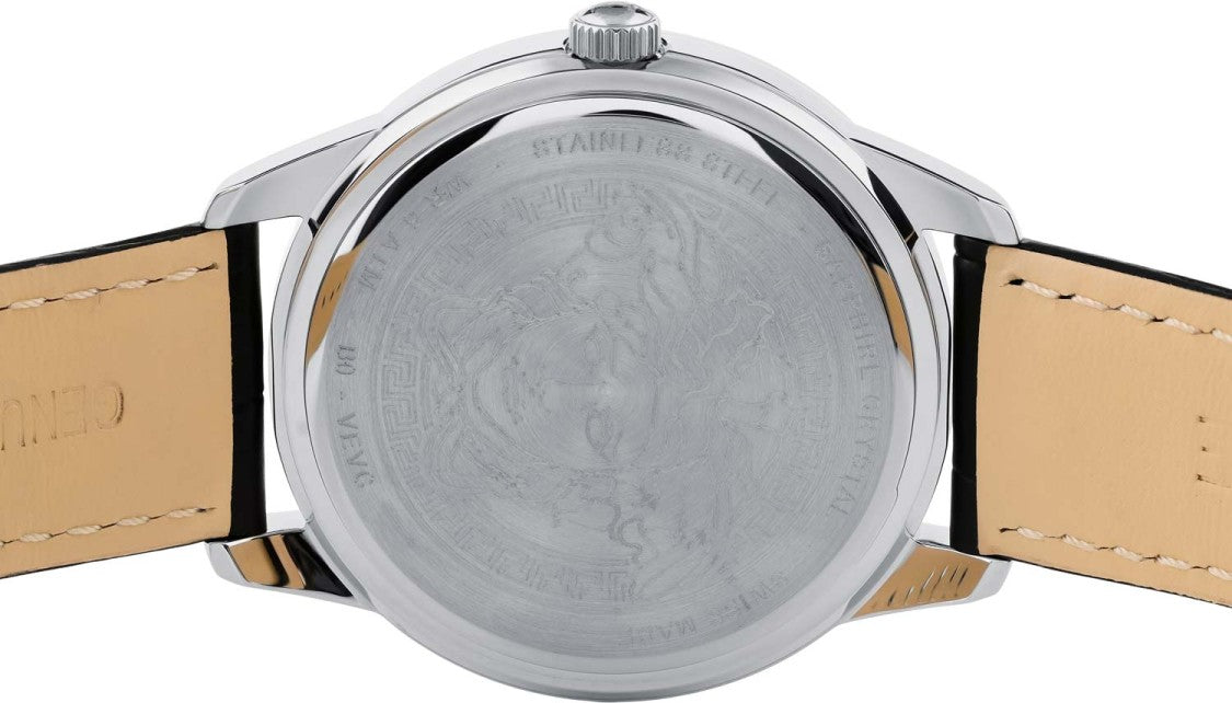 Versace Greca Signature Analog Watch With Swiss Movement And Black Leather Strap