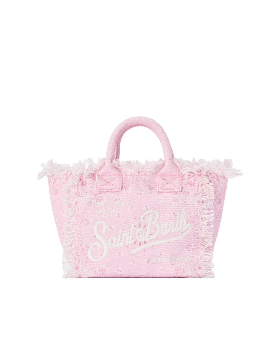 Mc2 Saint Barth Round Canvas Tote Bag With Soft Pink Bandana Print