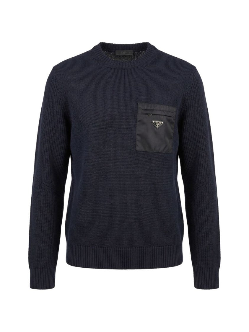 Prada Black Ribbed Knit Patch Pocket Sweater