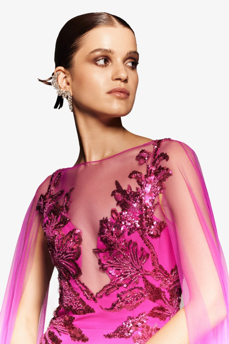 Saiid Kobeisy Crepe Mermaid Dress With Beading And Tulle Long Sleeves