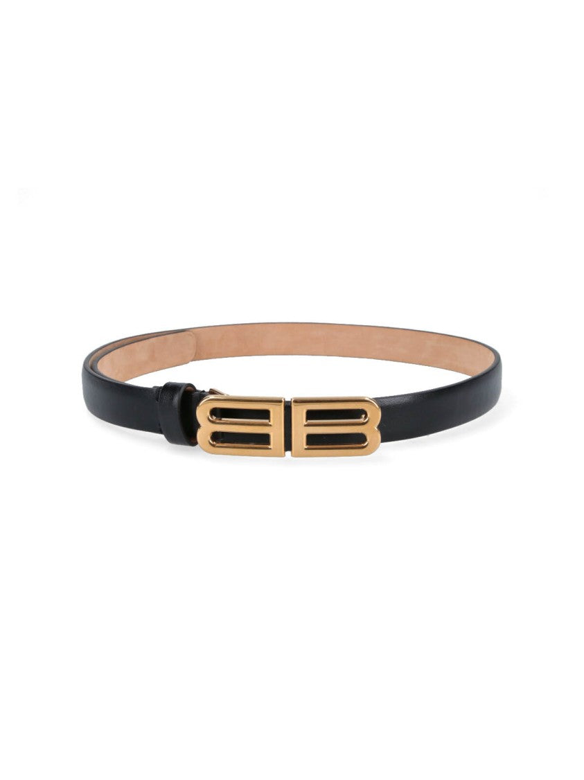 Balenciaga Black Slim Double B Leather Belt