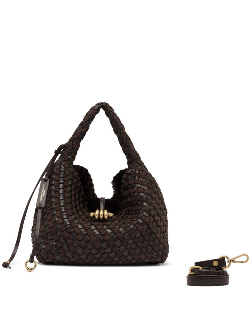 Gianni Chiarini Textured Dark Brown Woven Shoulder Bag With Braided Handle