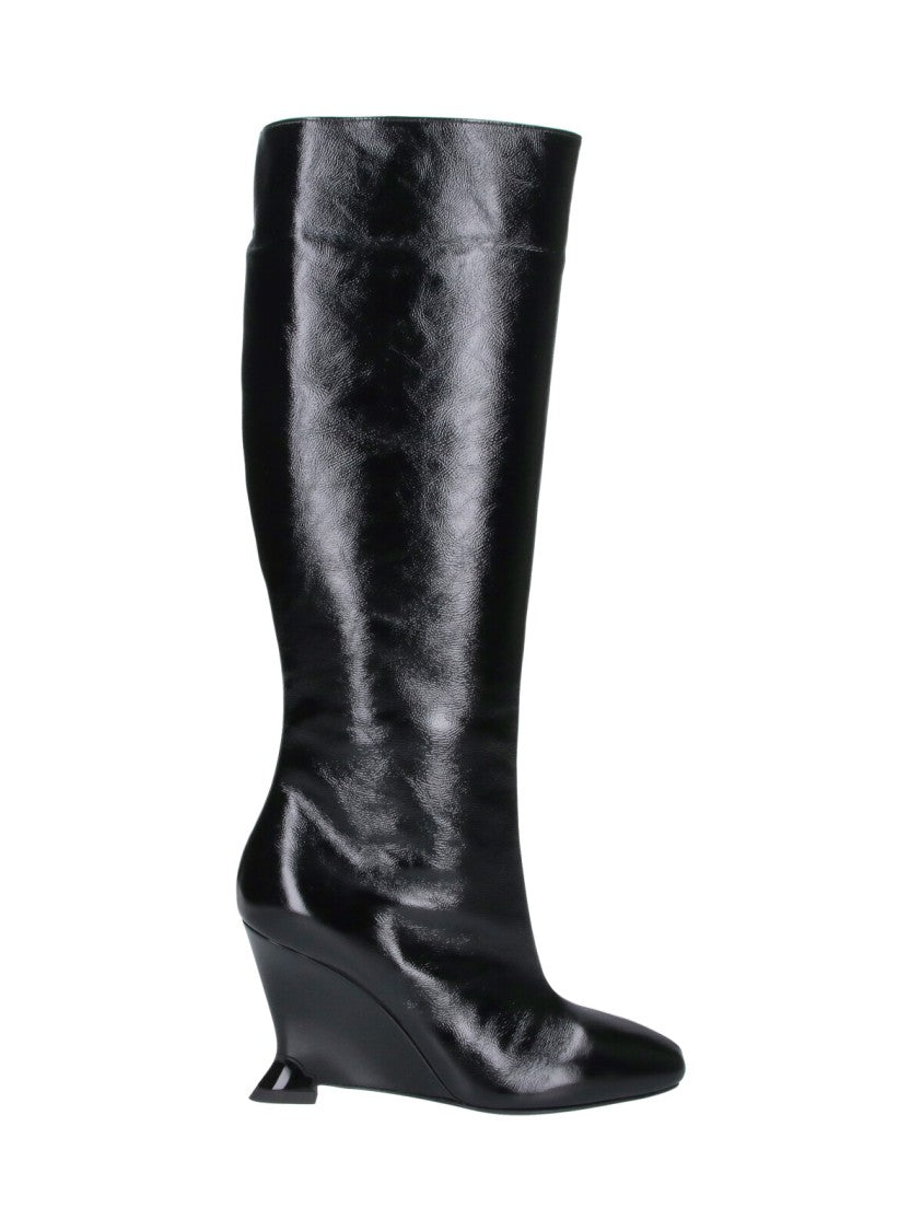 Balmain Black Leather Angled Wedge Heel Boots