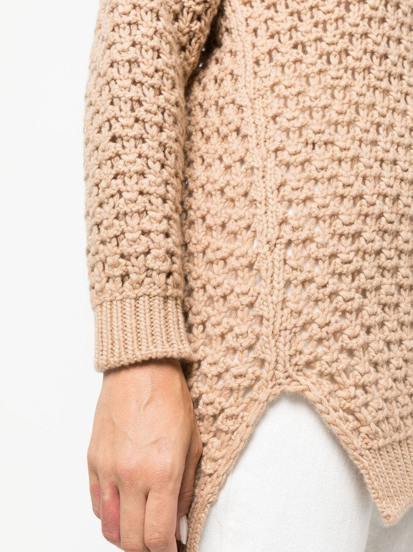 Agnona Beige Open-Knit Sweater With V-Neckline