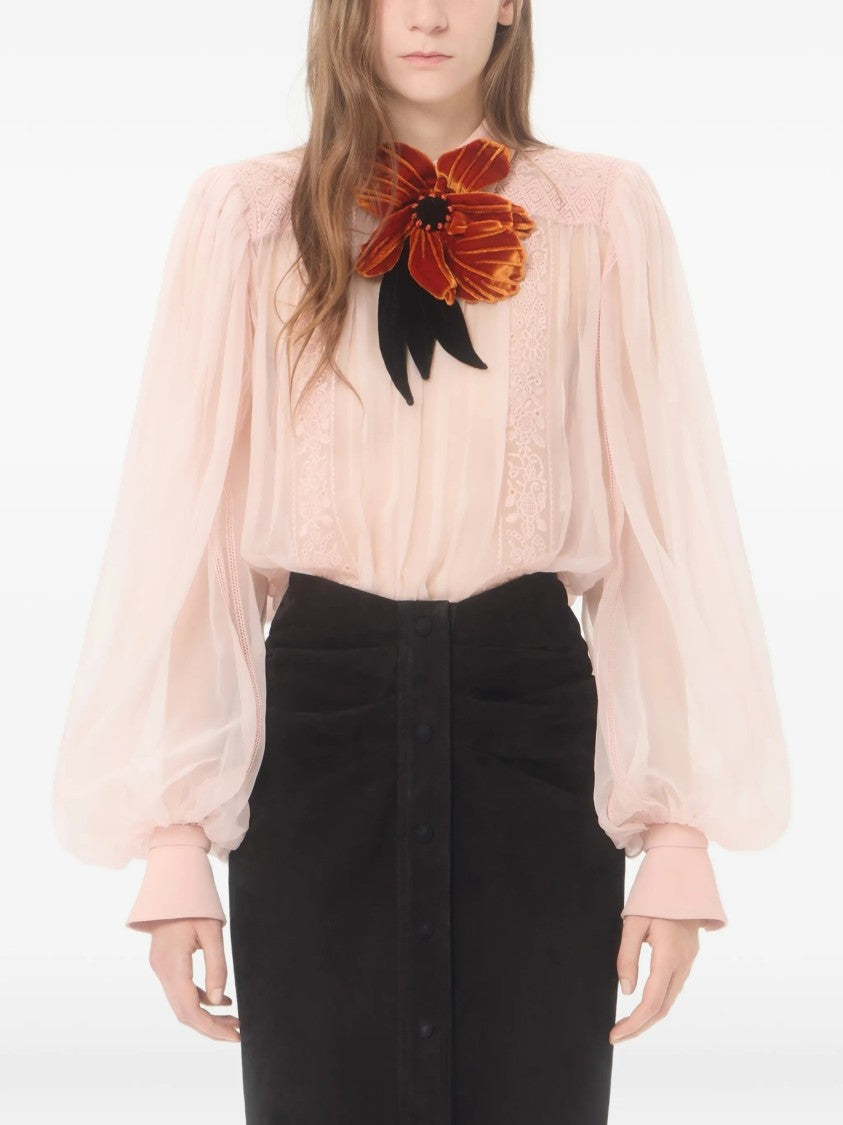 Valentino Pink Sheer Velvet Floral Applique Blouse