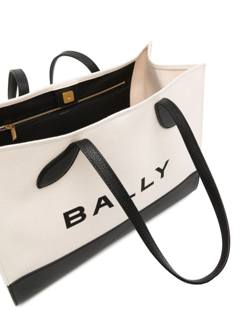 Bally Rectangular Beige Canvas Tote Bag With Black Leather Accents