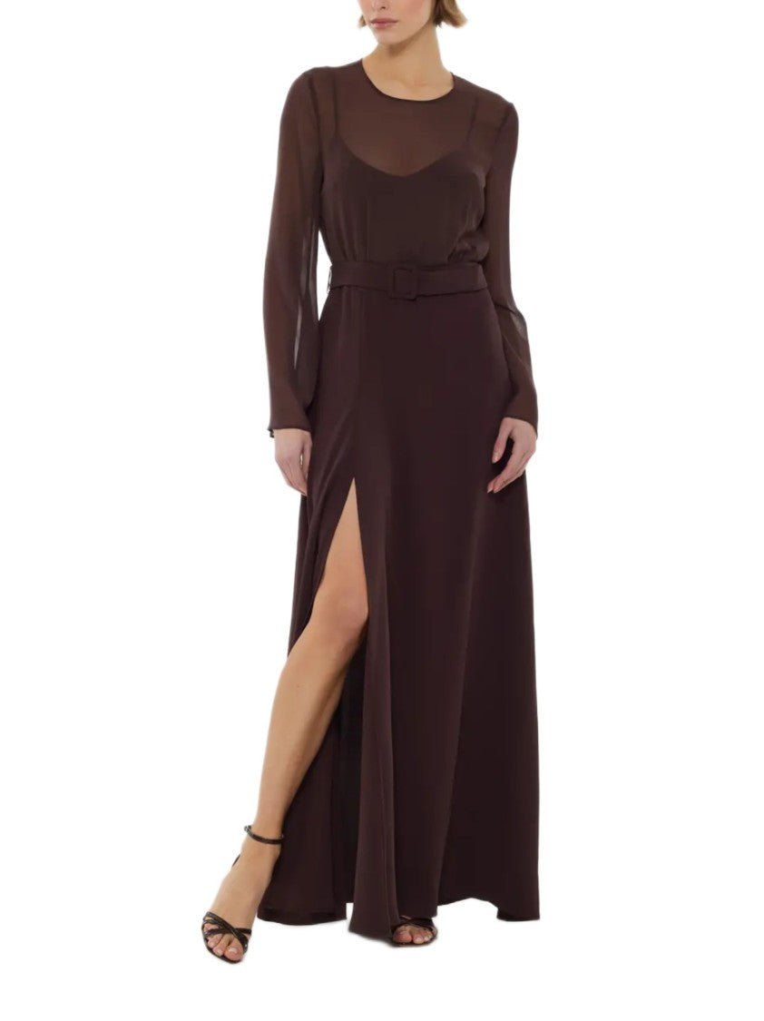 Parosh Flowing Maxi Dress With Sheer Sleeves And Belt Detail